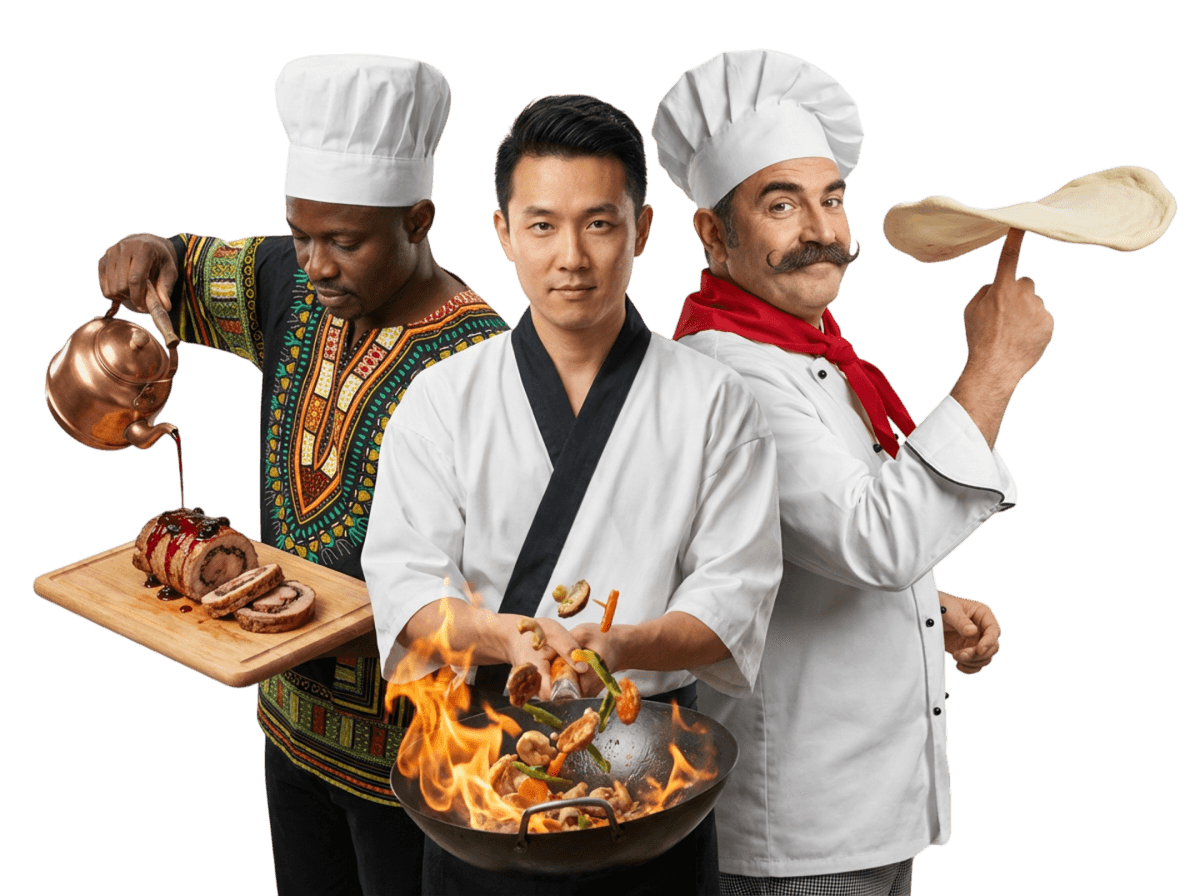 Three international chefs cooking