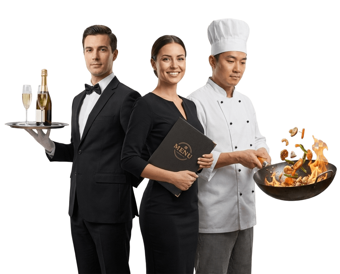 Restaurant team — waiter, hostess, and chef
